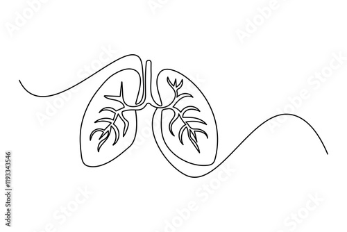 Continuous one line lung drawing with black and white vector icon
