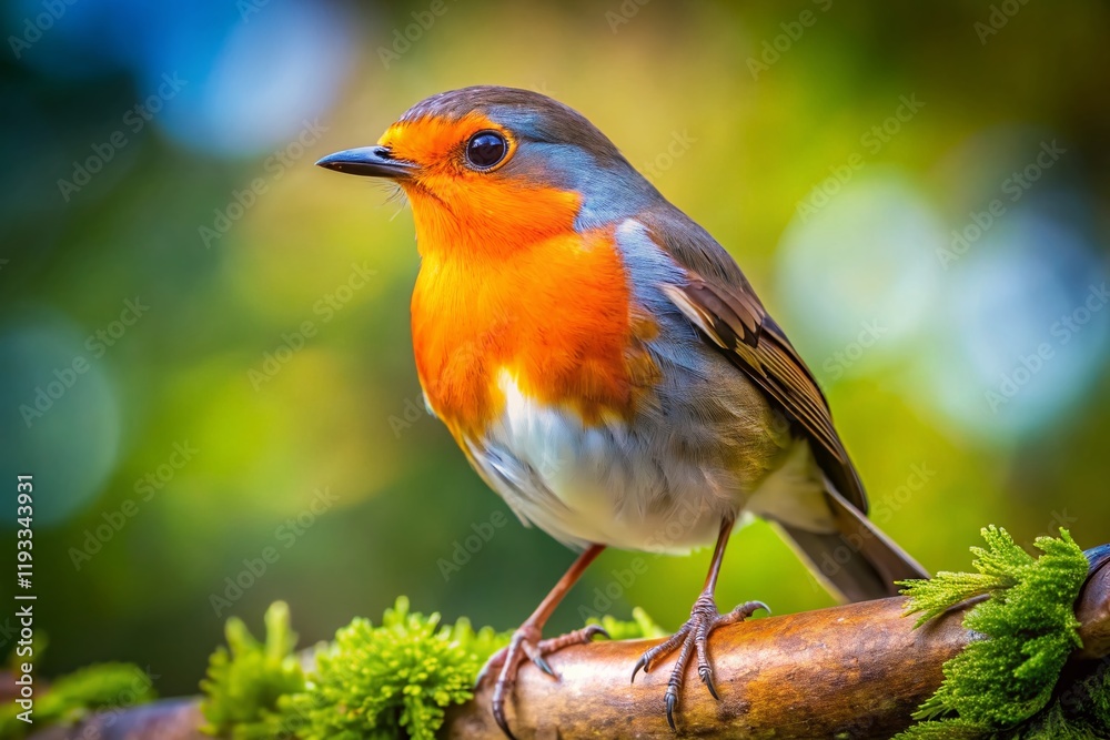 Close-Up Drone Shot: Robin Perched on Tree Branch, Sunny Day Close-Up Drone Shot: Robin Perched on Tree Branch, Sunny Day