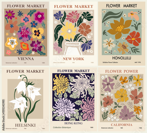 Set of abstract Flower Market posters. Trendy botanical wall arts with floral design in earth tone colors. Modern naive groovy funky interior decorations, paintings. Vector art illustration.