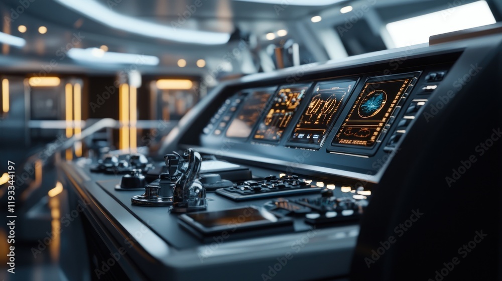 Naklejka premium A detailed 3D model of a cruise ship's bridge, showcasing modern navigation instruments and design elements 