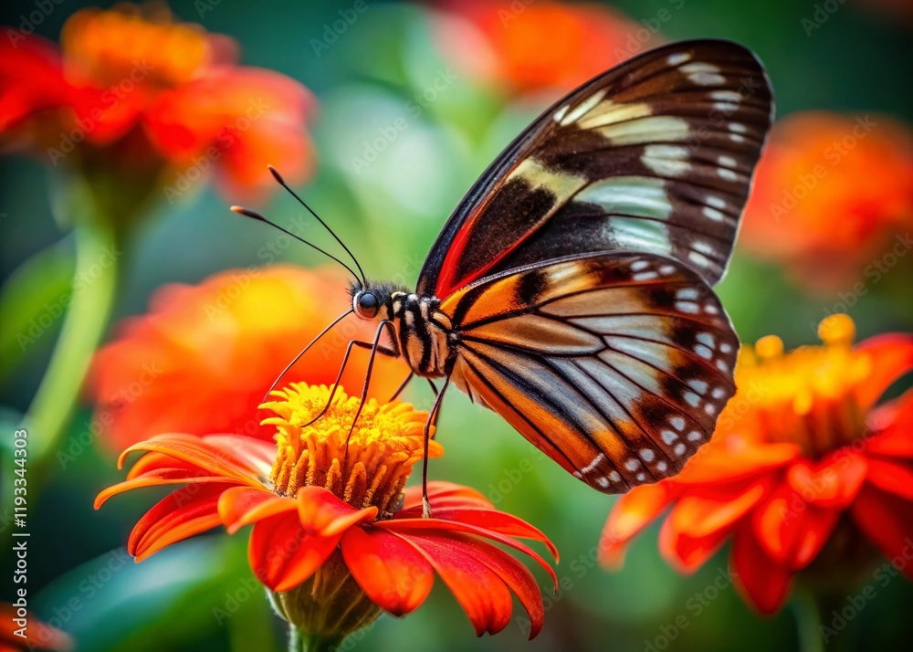 Fototapeta premium Close-up Long Exposure: Red and Black Papillon Butterfly on Orange Flower