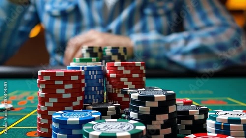 Close-up of poker chips stacked on a green casino table.