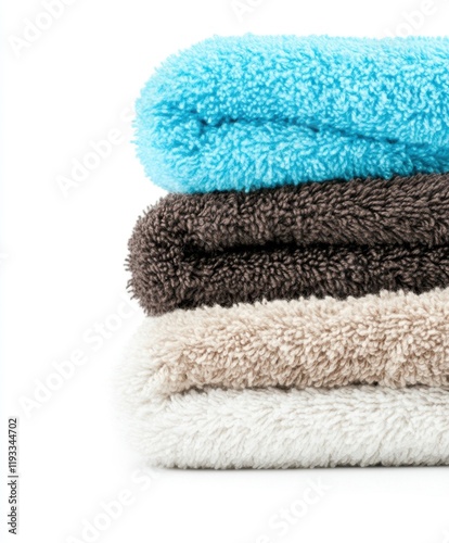 A detailed close-up of neatly stacked towels displayed on a clean white surface, highlighting their texture and colors.