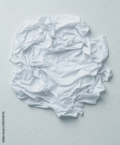 A detailed close-up of a white sheet resting on a table, set against a clean white background, highlighting texture and simplicity. photo