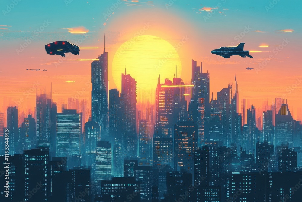 Fototapeta premium Futuristic Cityscape Sunset With Flying Vehicles