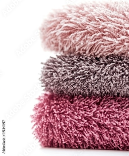A detailed close-up view of neatly arranged towels showcasing their texture and colors against a clean white surface.