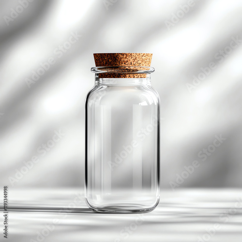 A clear glass jar with a cork lid, ideal for storing various food items or ingredients in a stylish way. photo