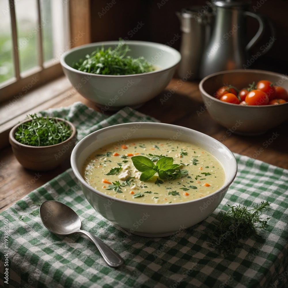 A creamy bowl of soup with fresh herbs, resting on a green-checkered tablecloth in a cozy kitchen. A creamy bowl of soup with fresh herbs, resting on a green-checkered tablecloth in a cozy kitchen.