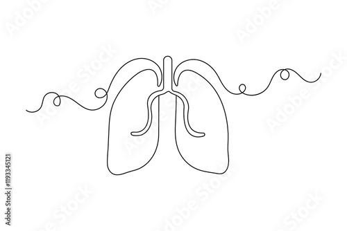 Continuous one line lung drawing with black and white vector icon
