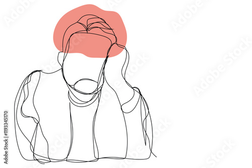 Sketch problem concept minimal man emotion stress headache drawing line art. Male unhappy depress hand drawn continuous line concept with white ioslated background. Abstract,vector,illustration.