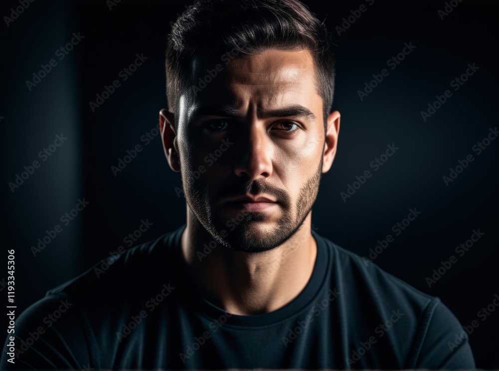 Strong expression of a young man captured in dramatic lighting during a studio shoot Strong expression of a young man captured in dramatic lighting during a studio shoot