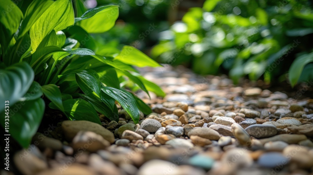 Sunlit garden path of pebbles bordered by lush green hosta plants. Sunlit garden path of pebbles bordered by lush green hosta plants.