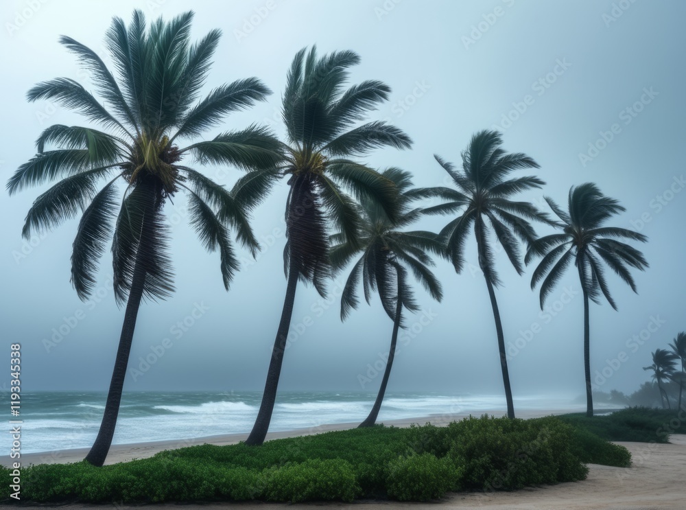 Stormy beach with palm trees swaying in the wind during a cloudy day near the coast Stormy beach with palm trees swaying in the wind during a cloudy day near the coast