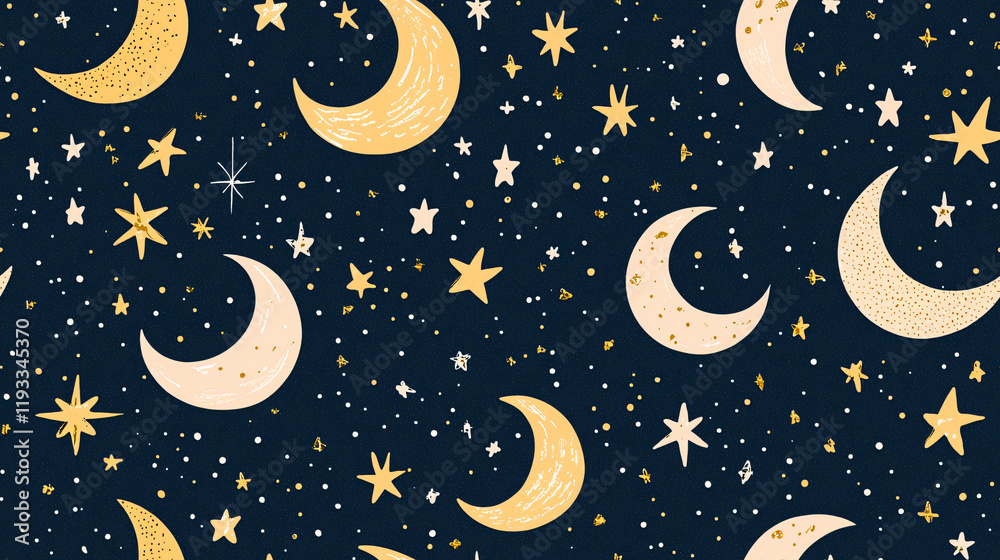 Naklejka premium Celestial Night Seamless Pattern Moons, Stars, and Glitter