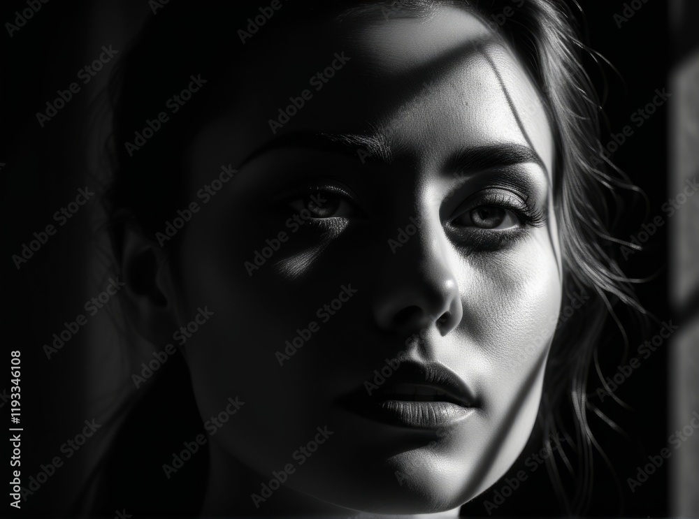 Portrait of a woman in shadow with dramatic lighting highlighting her features Portrait of a woman in shadow with dramatic lighting highlighting her features