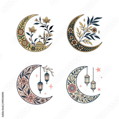 Hand Drawn Floral Crescent Moon Illustration Set