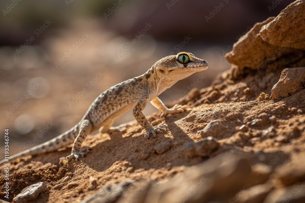 Close-up of a Young Caspian Gecko Hunting in the Desert - Architectural Photography Style Close-up of a Young Caspian Gecko Hunting in the Desert - Architectural Photography Style