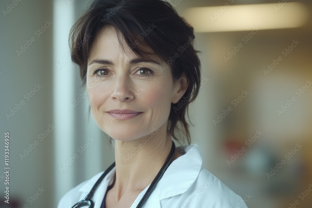Confident female caucasian doctor in white coat with stethoscope in a medical setting. Confident female caucasian doctor in white coat with stethoscope in a medical setting.