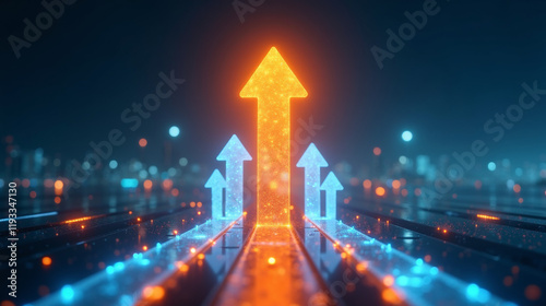 Dynamic glowing arrows symbolizing progress, innovation, and success, pointing upward in a futuristic digital landscape.
