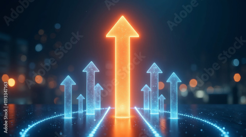 Dynamic glowing arrows symbolizing progress, innovation, and success, pointing upward in a futuristic digital landscape.