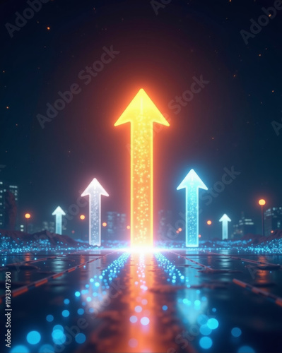 Dynamic glowing arrows symbolizing progress, innovation, and success, pointing upward in a futuristic digital landscape.