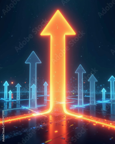 Dynamic glowing arrows symbolizing progress, innovation, and success, pointing upward in a futuristic digital landscape.
