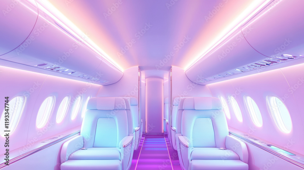 Fototapeta premium Futuristic airplane interior with neon lighting and plush seating
