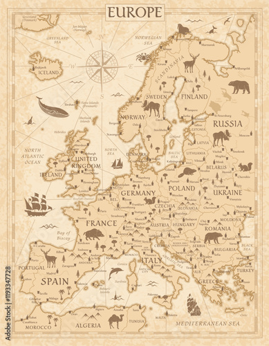 Europe Map Retro Vintage Ancient Cartoon - stock vector colored illustration with layers