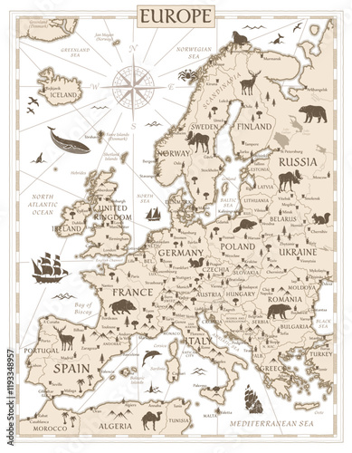 Europe Map Retro Vintage Ancient Cartoon - stock vector colored illustration with layers