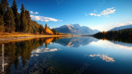 A breathtaking view of a vibrant mountain lake, surrounded by a lush landscape, captures stunning reflections of the mountains and bright blue sky, inviting exploration and adventure.