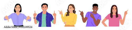 Set of different People pointing to the side, up and down with fingers. Happy excited men, women showing with hands, positive emotions. Vector Characters for the presentation of goods or services.