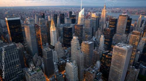 high angle view of city skyline featuring skyscrapers, illuminated buildings, and vibrant sunset. scene captures urban landscape beauty and energy © Panupan