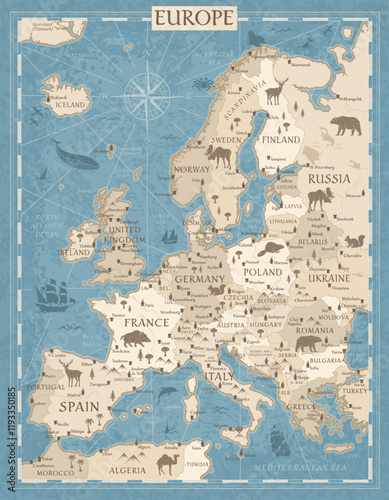 Europe Map Retro Vintage Ancient Cartoon - stock vector colored illustration with layers in blue beige pastel colors