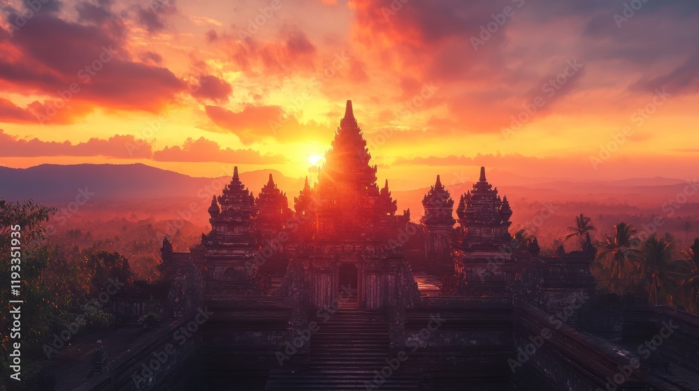 Obraz premium A picturesque view of a historic temple with intricate carvings, set against a backdrop of a fiery sunset