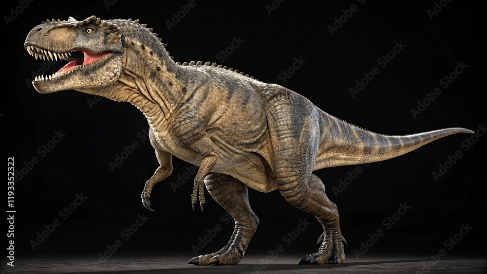 Naklejka premium 3D Rendered Tyrannosaurus Rex Side Profile, Dark Background, Prehistoric Concept, Realistic Texture Dinosaur, 3D Modeling