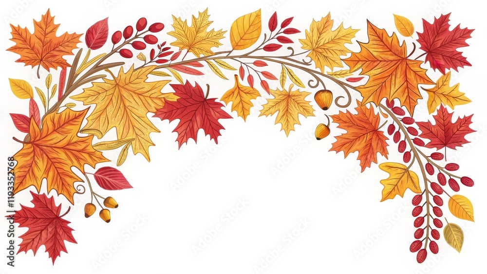 Fototapeta premium Autumn Leaves Watercolor Composition Branch of Maple Leaves, Berries and Acorns, Fall Illustration, Autumn Decor Autumn, Watercolor