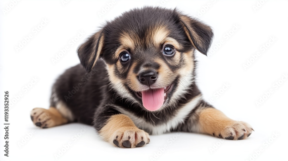 Adorable Corgi Puppy Smiling Expressively While Lying on a Bright White Background, Full of Charm and Innocence Adorable Corgi Puppy Smiling Expressively While Lying on a Bright White Background, Full of Charm and Innocence