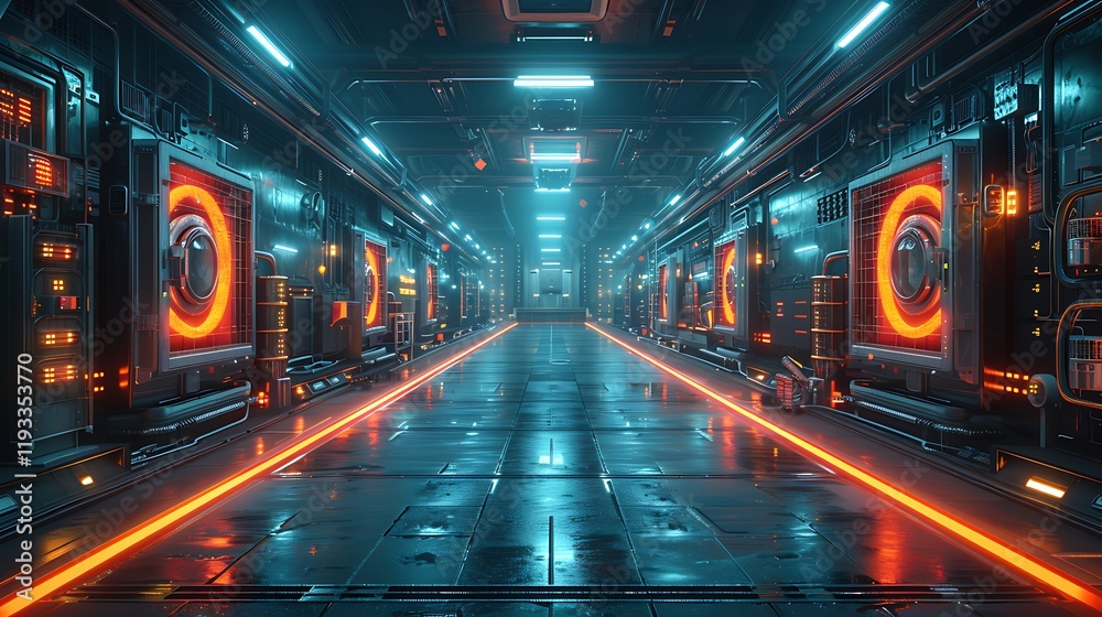 A high-tech corridor with glowing orange lights, reflective surfaces, and advanced panels, exuding a futuristic atmosphere. A high-tech corridor with glowing orange lights, reflective surfaces, and advanced panels, exuding a futuristic atmosphere.