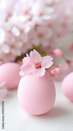 A pastel pink  Easter egg with cherry blossom. Selective focus. Springtime, Easter holiday concept. Space for text. photo