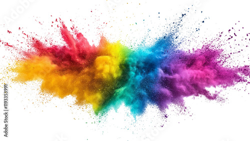 Colorful rainbow powder explosion on a transparent background. Explosive burst of vibrant rainbow colors. Colorful rainbow holi paint color powder explosion isolated white wide panorama background. 