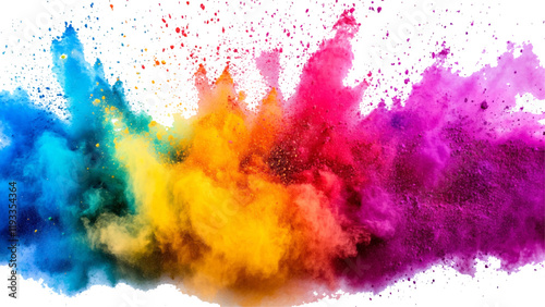 Colorful rainbow powder explosion on a transparent background. Explosive burst of vibrant rainbow colors. Colorful rainbow holi paint color powder explosion isolated white wide panorama background. 