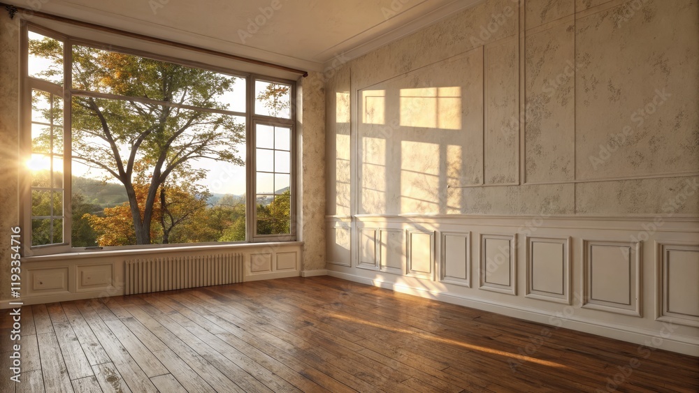 Fototapeta premium Empty Room with Bay Window and Autumnal View Wood Floor, Beige Walls, Sunlight, Interior Design Interior Design,Room Visualization