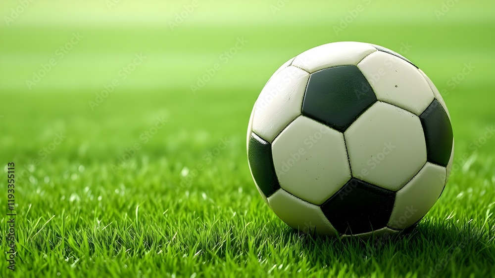 Simple textured soccer ball on a sunlit green lawn Simple textured soccer ball on a sunlit green lawn