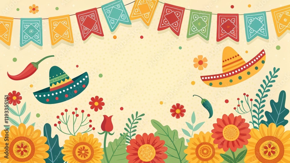 Fototapeta premium Fiesta Floral Composition Sombreros, Bunting and Flowers, illustration, design Fiesta, Mexican