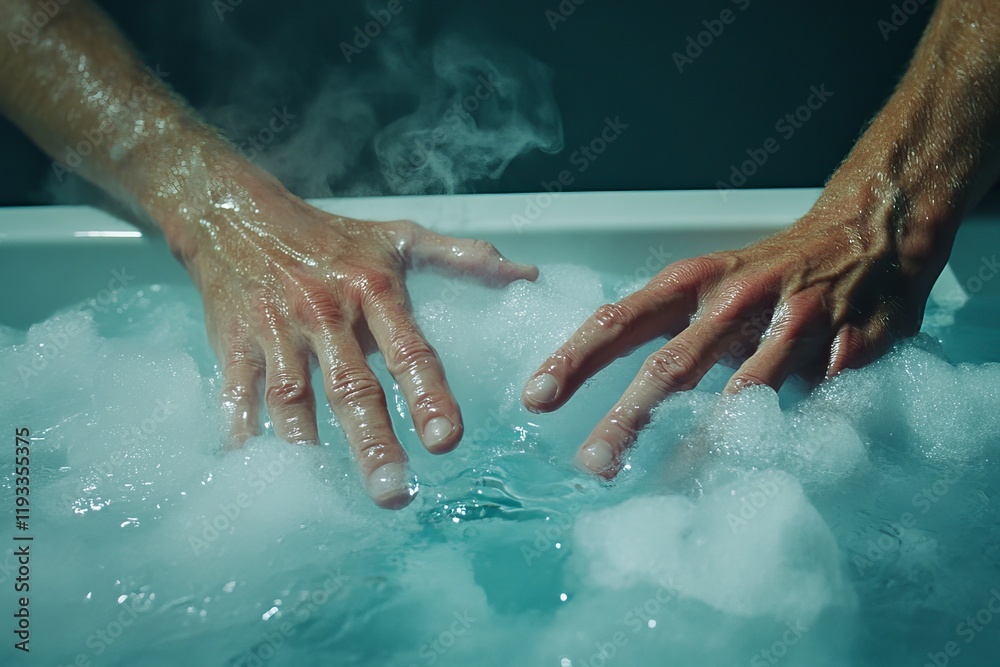 Fototapeta premium Close-up of hands playing with bubbles in a steaming bathtub.