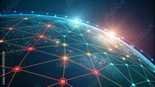 Global Network Illuminated Earth with Node Connections, Abstract Digital Art, Network, Connectivity Global Networking, Digital Earth