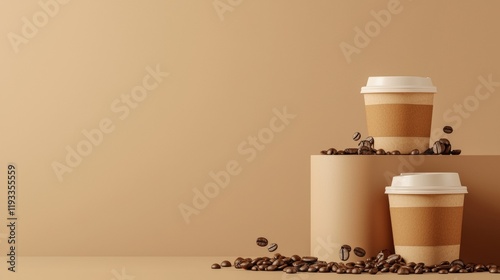 Minimalist coffee cup stack on beige background photo