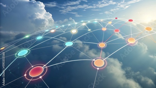 Global Network Interconnectivity Colorful Nodes and Lines Against Cloudy Sky, Digital Art, Cloud Computing Cloud Network, Network Topology