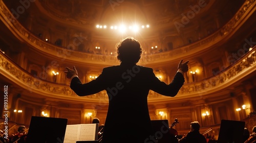 Orchestra Conductor Directing a Symphony Performance on an Elegant Stage