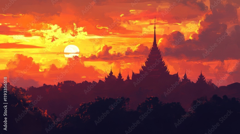 A stunning silhouette of a temple spire reaching toward a fiery sunset sky, capturing a sense of tranquility A stunning silhouette of a temple spire reaching toward a fiery sunset sky, capturing a sense of tranquility